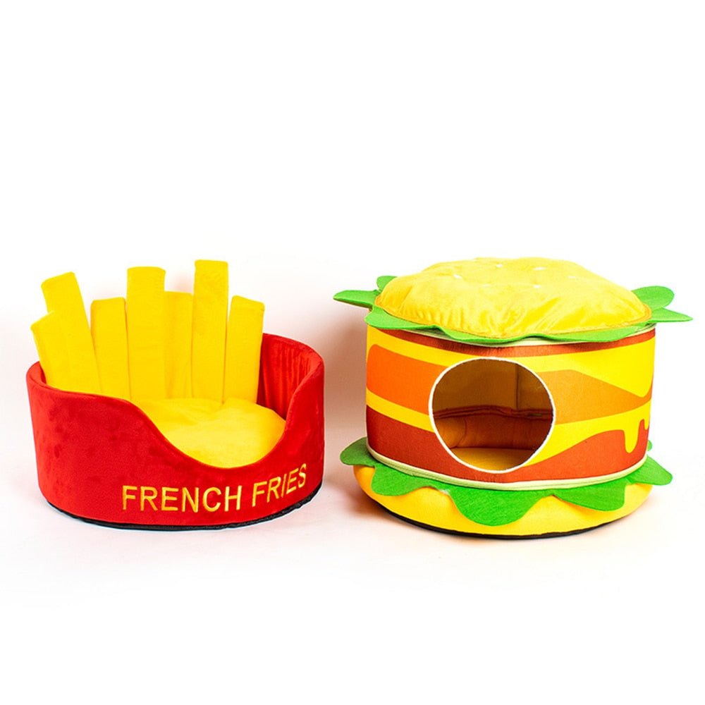 a pair of a cat house and bed with cute fast food burger and fries designs