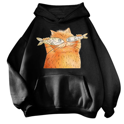 black hoodie with pouch featuring a garfield cat holding fish on both hands