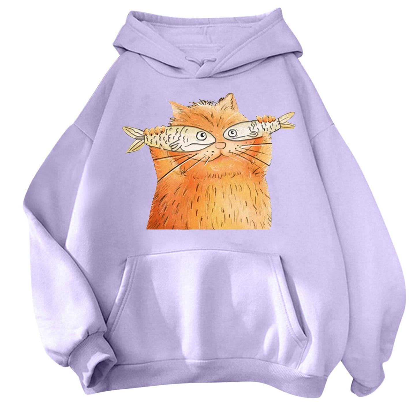 purple womens hoodie printed with an adorable cartoon cat holding two fish and looks funny and catchy