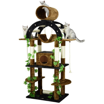 cats playing on a boho cat tree that looks like forest
