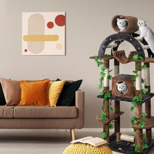 a forest inspired cat tree with hammock