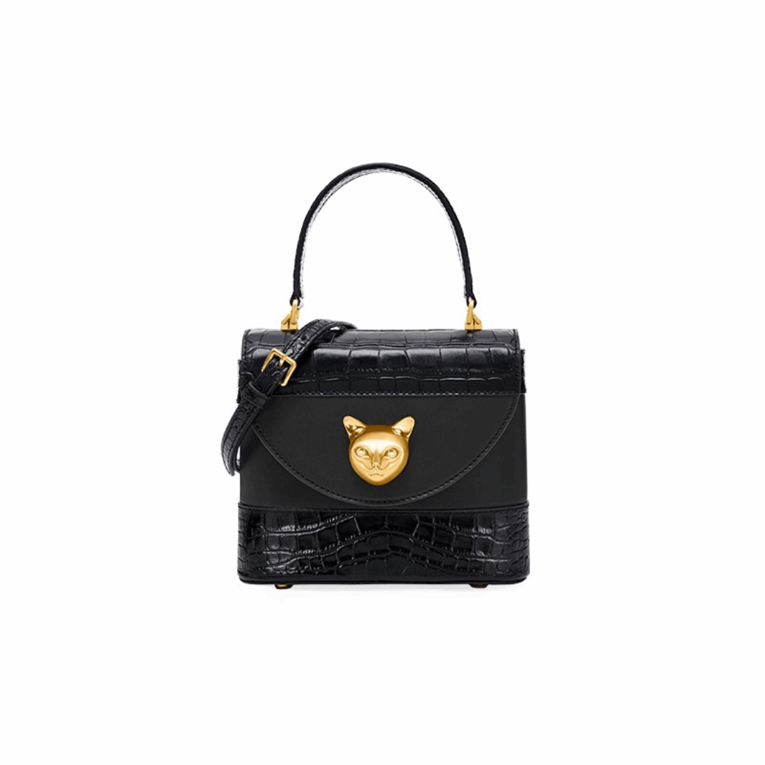 Glossy Black Genuine Leather Luxury Golden Charm Cat Handbag for cat lover premium real leather golden charm handbag