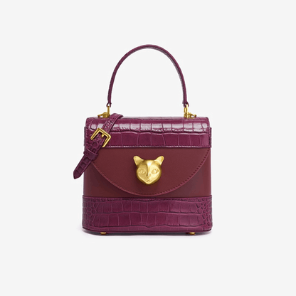 Purplish Red Genuine Leather Luxury Golden Charm Cat Handbag for cat lover premium real leather golden charm handbag