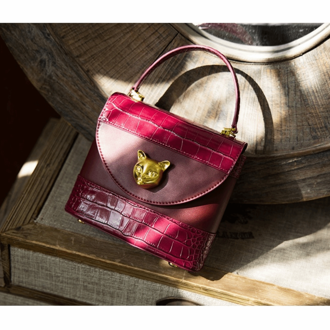 Luxury Red Golden Charm Cat Handbag for cat lover premium genuine leather golden charm handbag