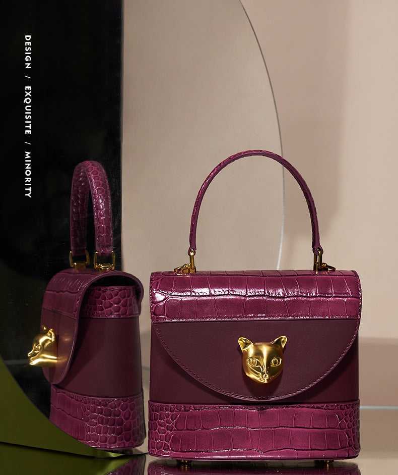 Red Luxury Golden Charm Cat Handbag for cat lover premium genuine leather golden charm handbag