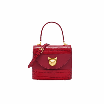 Glossy Red Genuine Leather Luxury Golden Charm Cat Handbag for cat lover premium real leather golden charm handbag