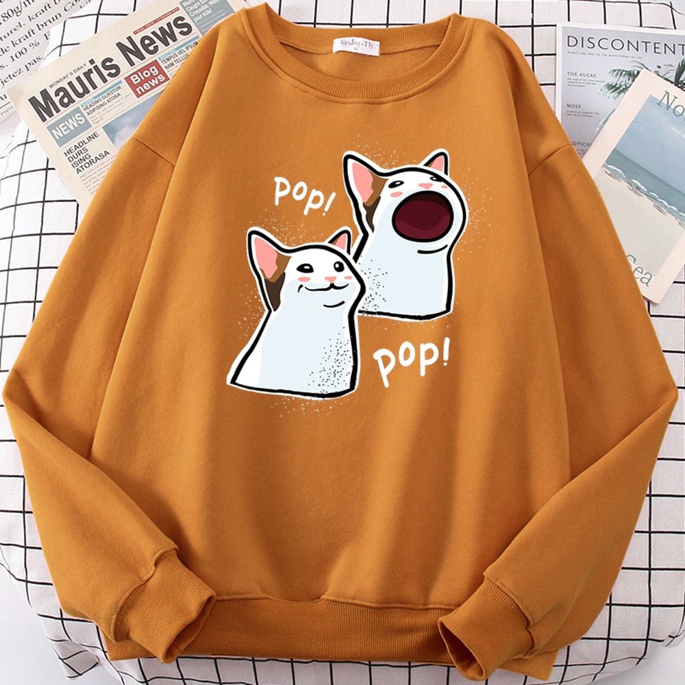 khaki color cat sweatshirt with funny pop cats