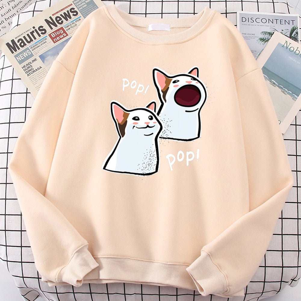 beige color the pop cat game inspired sweatshirt with two cute pop cats