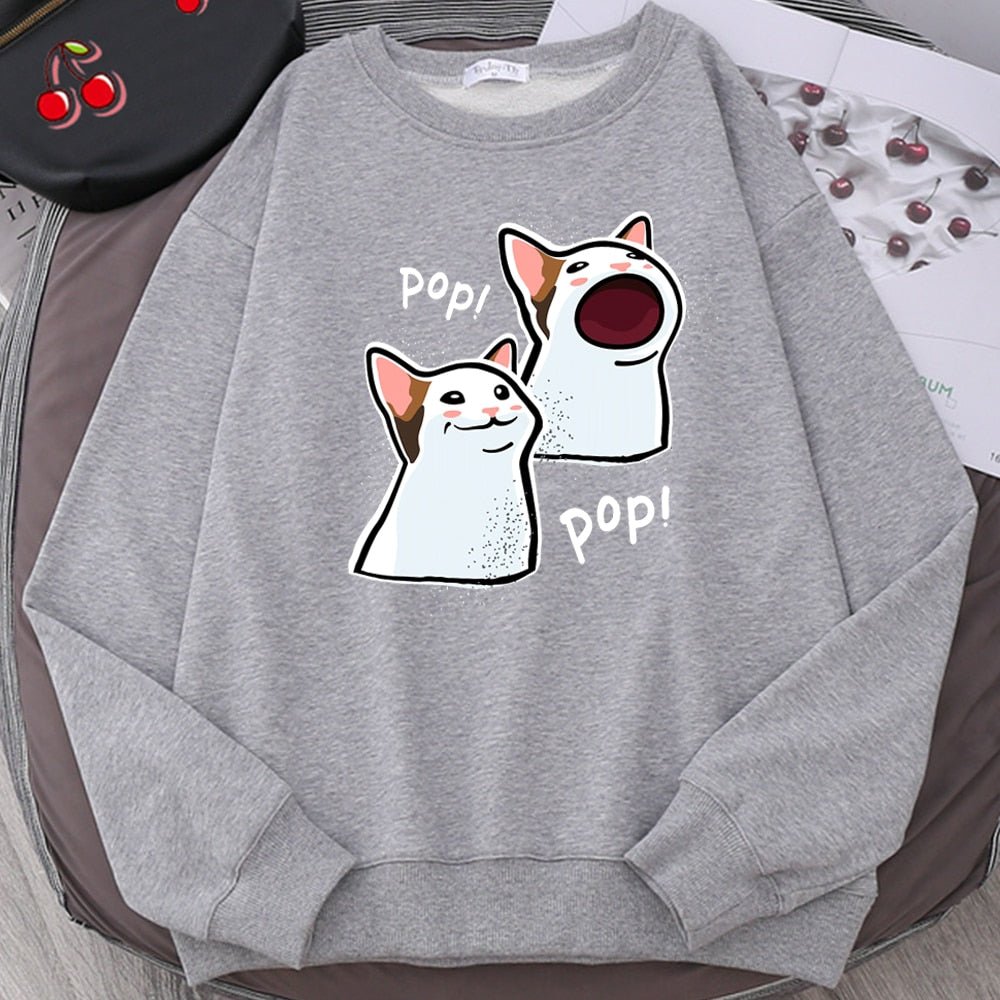 gray color pop cat sweatshirt with two pop cats
