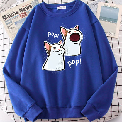 blue color cat sweatshirt with two cute pop cats on it