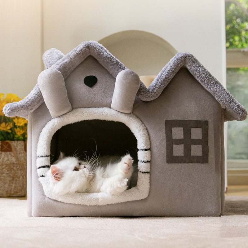 modern style cat bed featuring a house design in grey color