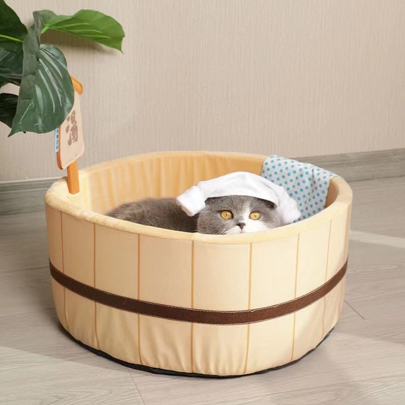 luxury looking cat bed with a cute design of a spring hot tub that looks fun