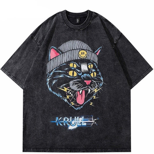 black color vintage cat shirt with bold and retro design with krull words