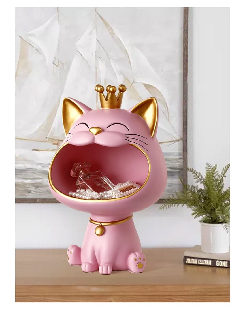 a playful cat statue of a laughing cat for storage space