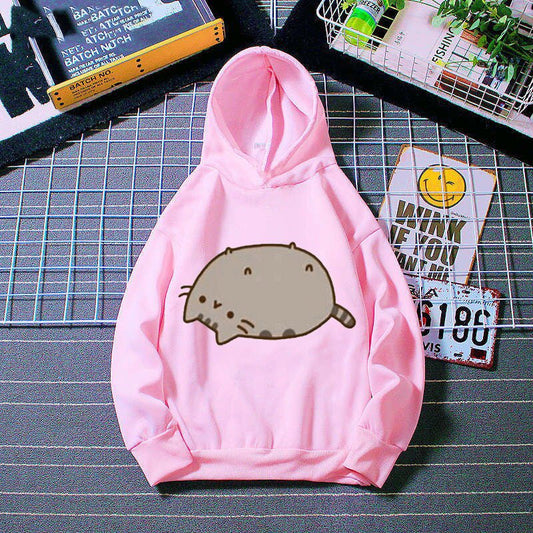 a cute cat hoodie made from cotton with a printed pusheen cat laying down on the floor feeling lazy