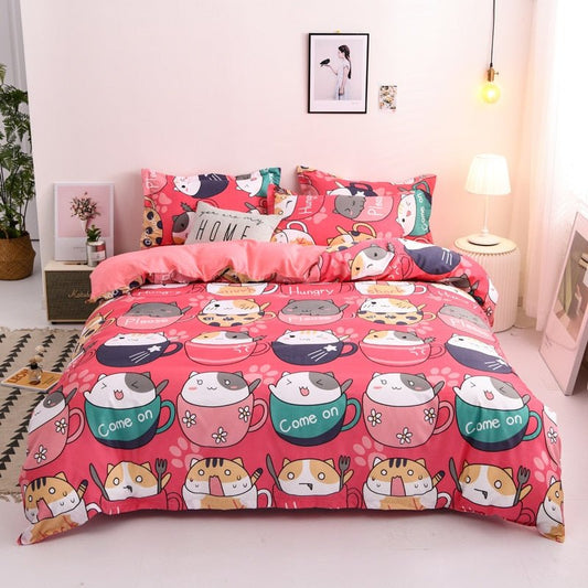 vibrant pink color comforter set with cute cats inside mugs design that looks adorable and feel comfortable