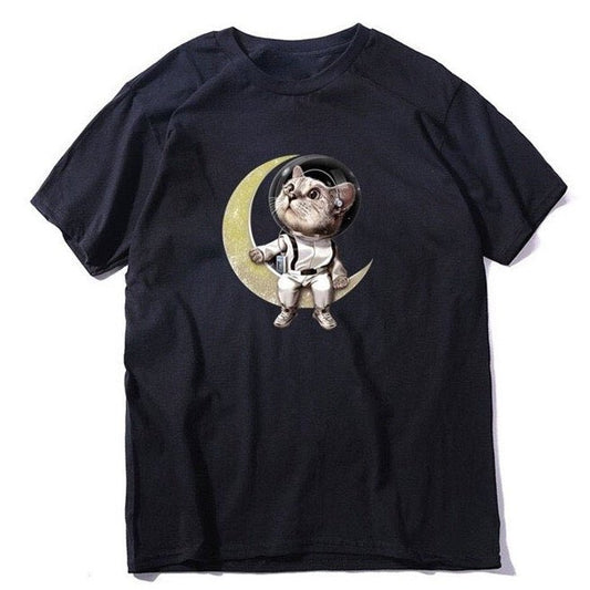 a black cat t shirt featuring a very cute astronaut cat sitting on a luna moon  Edit alt text