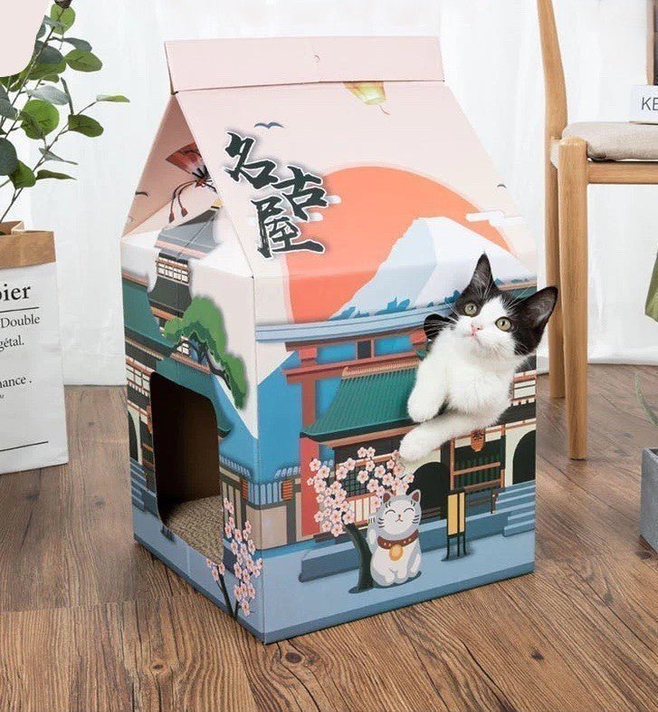 a cave style cat bed with a creative milk carton design that looks cool and stylish