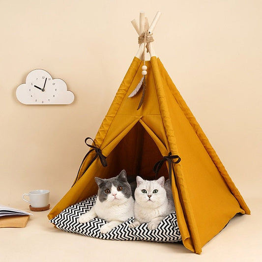 Full view of the Native's House Cat Tent Bed in khaki color and has a native american tepee style design