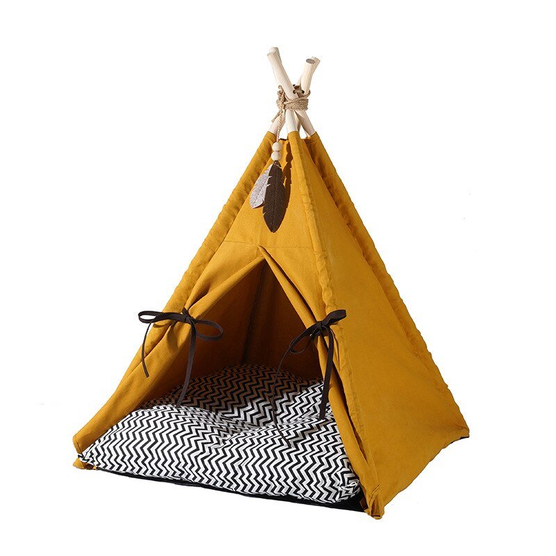 a yellow color teepee shape cat bed with cushion inside