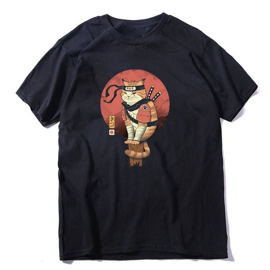 Ninja Meow Black Cat T-Shirt showcasing a ninja cat on a log and carrying katana