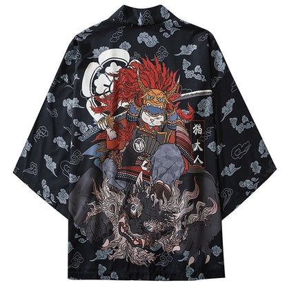 japanese cat shirt in kimono shape with a japanese cat samurai design