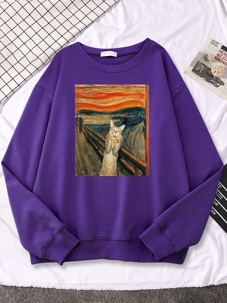 cat screaming cat themed sweatshirt in purple color