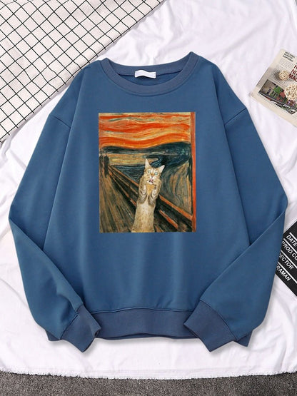 blue the scream painting cat sweatshirt