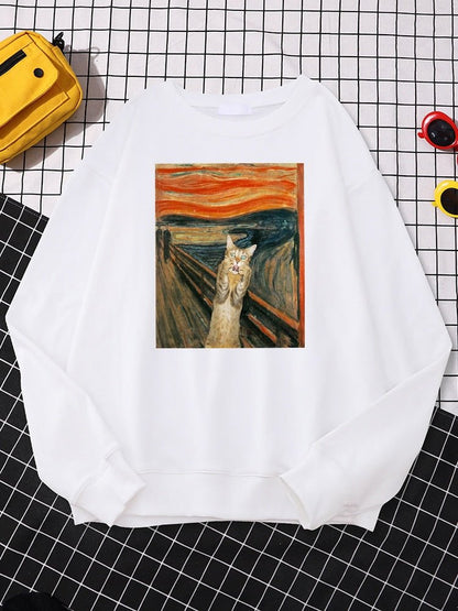 white cat mom sweatshirt with oil painting design