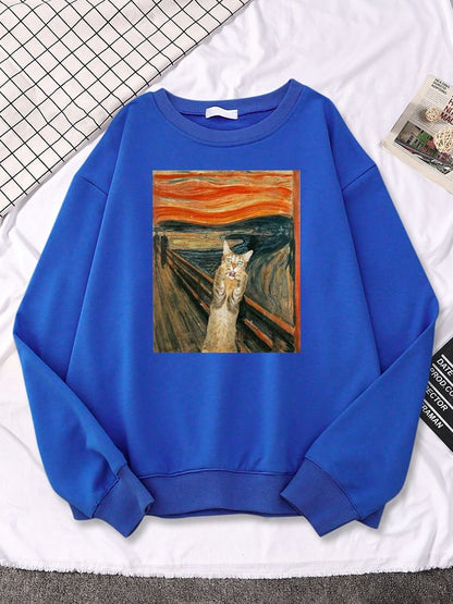 blue color funny cat sweatshirts the scream painting