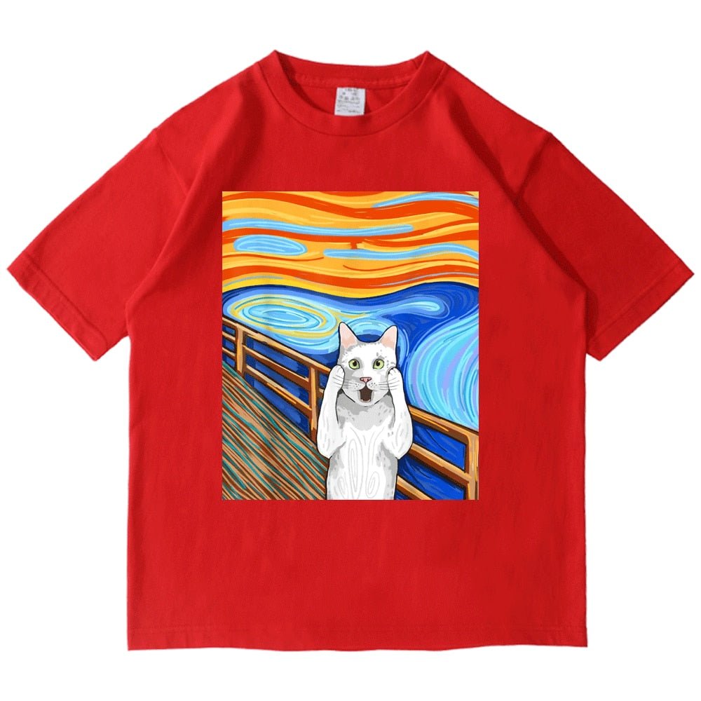 red color cute cat shirt with a screaming cat