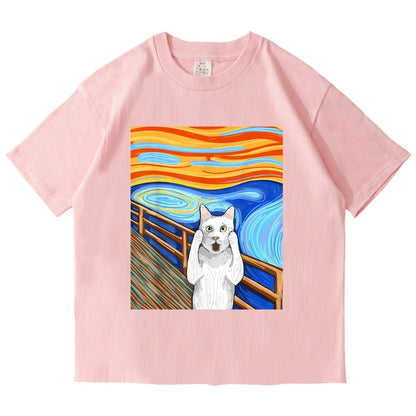 pink cat shirt in oil painting design showing a screaming cat