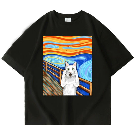 black cat shirt featuring a screaming cat oil painting