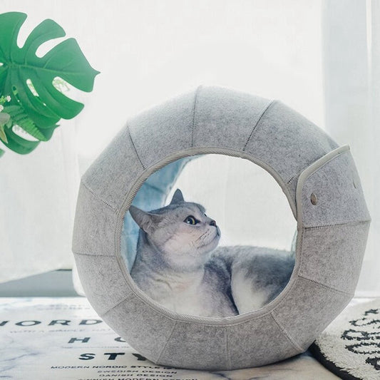 unique style cat bed that looks minimalist with a cat in a shell design in grey and blue color