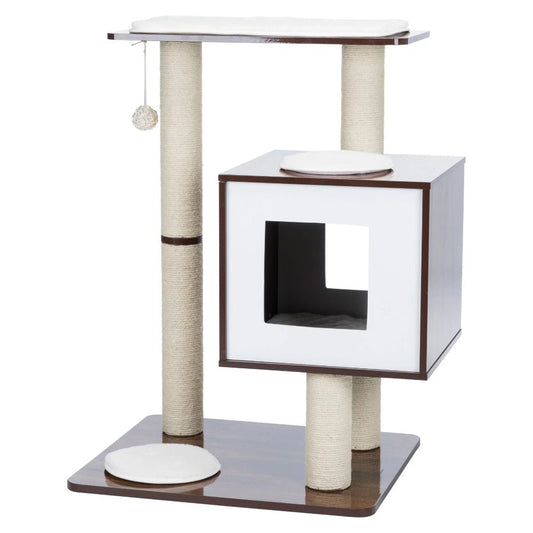 a square shape boho cat tree with interactive toys