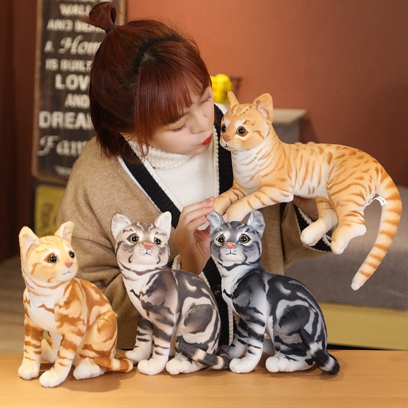 a lady holding a realistic cat plush of tabby cats