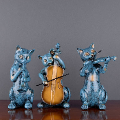 Musical Cat Figure Set Featuring Violinist, Cellist, and Clarinetist Cats in blue