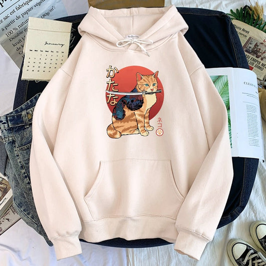 beige color Cat Sweatshirt with pouch featuring Samurai Cat with a back gangster tattoo design