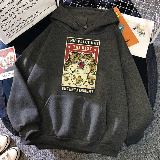 a funny cat themed hoodie with hilarious print: this place has the best entertainment