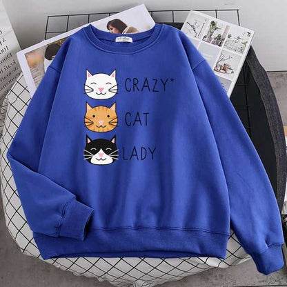 blue womens cat sweatshirt with crazy cat lady words
