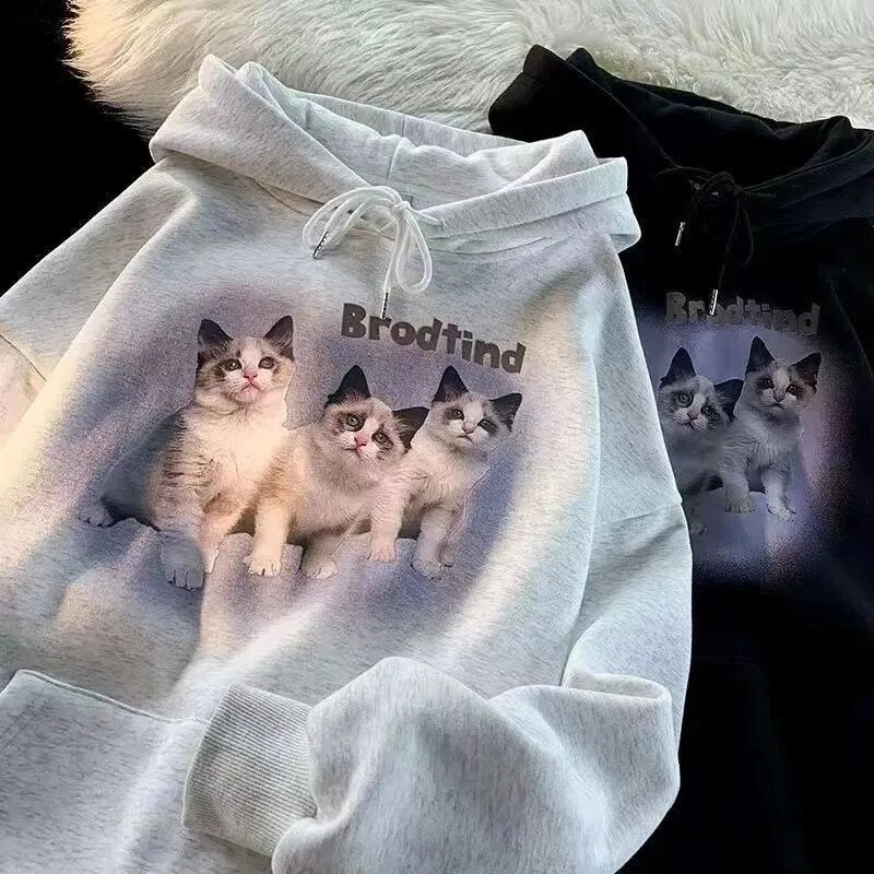 Black and gray Cute Cat Hoodie with three kitten design