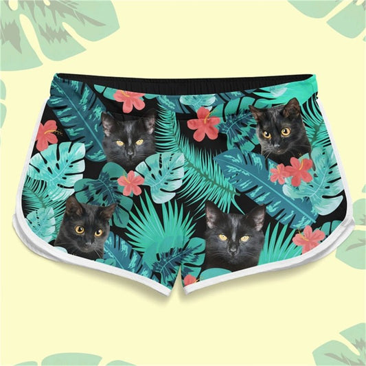 Tropical style cat themed female beach shorts