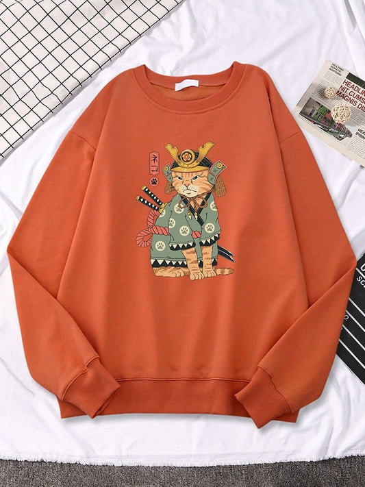 an orange color cat sweaters for human with a picture of a cat wearing a kimono in Ukiyo-e art style