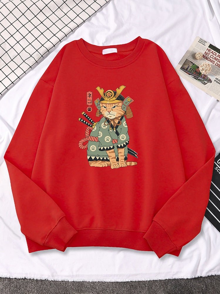 a red color cute cat sweatshirt with picture of cat in traditional japanese outfit