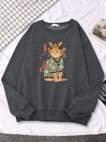 a grey color sweatshirt with cat wearing a japanese traditional outifit