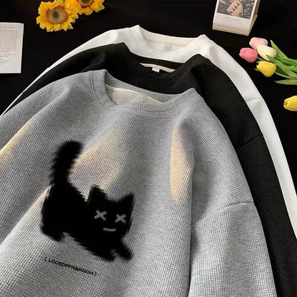Unisex Naughty Black Cat Print Sweater In Waffle-knit Fabric