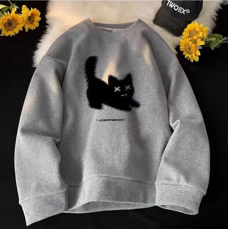 Unisex Naughty Black Cat Print Sweater In Waffle-knit Fabric