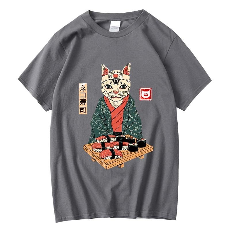 sushi cat shirt in grey color with japanese design