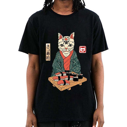 a man wearing a japanese cat shirt featuring a cat in kimono wearing sushi