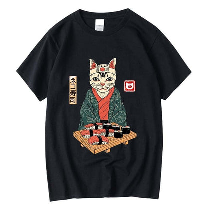 Unisex Master of Sushi Cat Shirt featuring a cute cat in a kimono with sushi